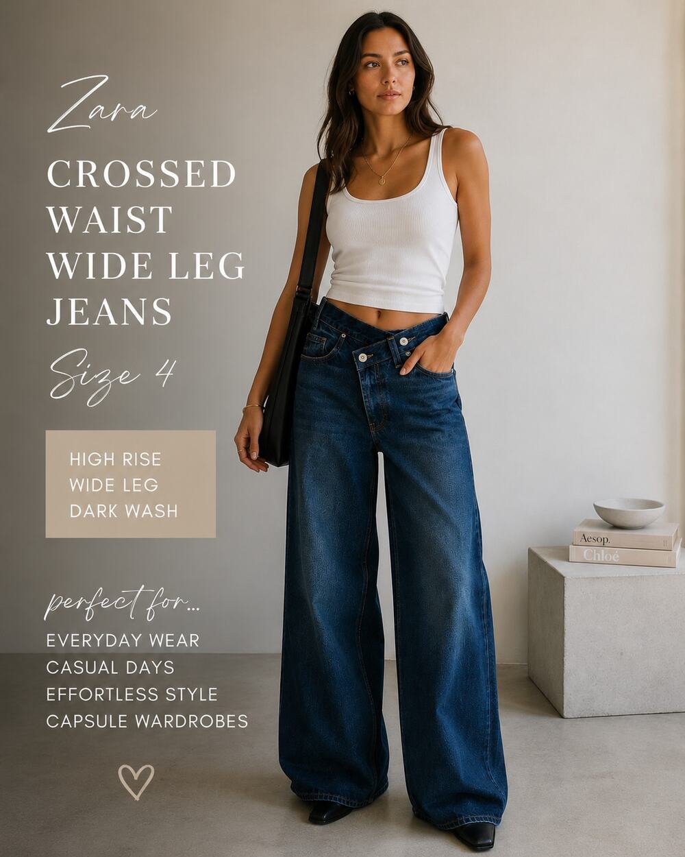 New Zara Crossed Waist Wide Leg Jeans Size 4 Dark Wash High Rise Minimalist Chic